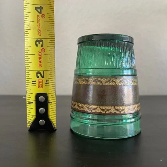 RARE! Vintage 60s MCM Emerald Green Leather Banded Tumbler Glasses Set of 6 - Picture 13 of 14